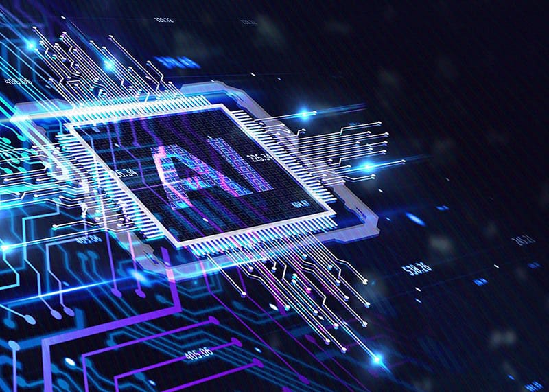 A digital illustration of a microchip with "AI" displayed on it, surrounded by intricate circuitry, representing artificial intelligence technology showcased at Microsoft Ignite 2024.